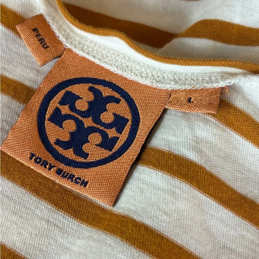 Tory Burch Soft Striped V Neck Brown and White Women's Tee Size L